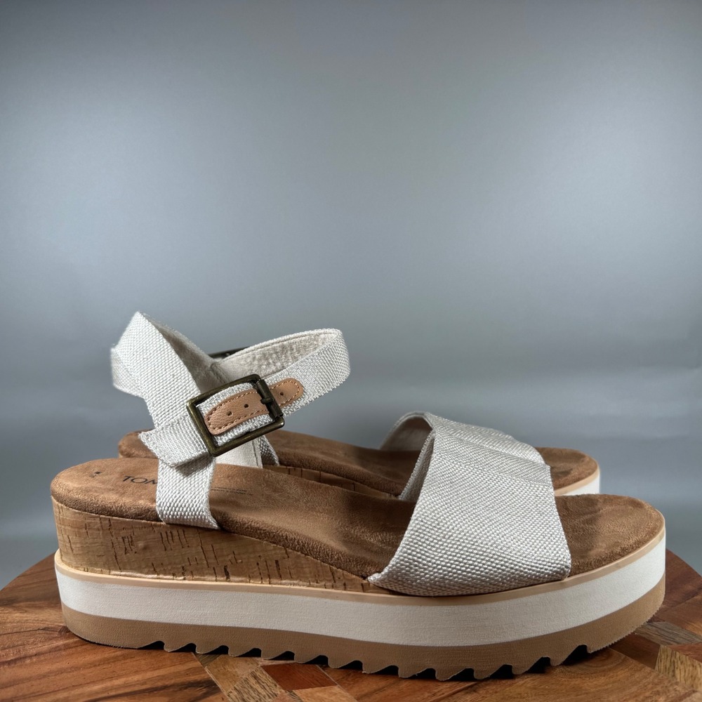 TOMS Monica Women 10 Birch Canvas Cork Platform Wedge Sandal 10019978